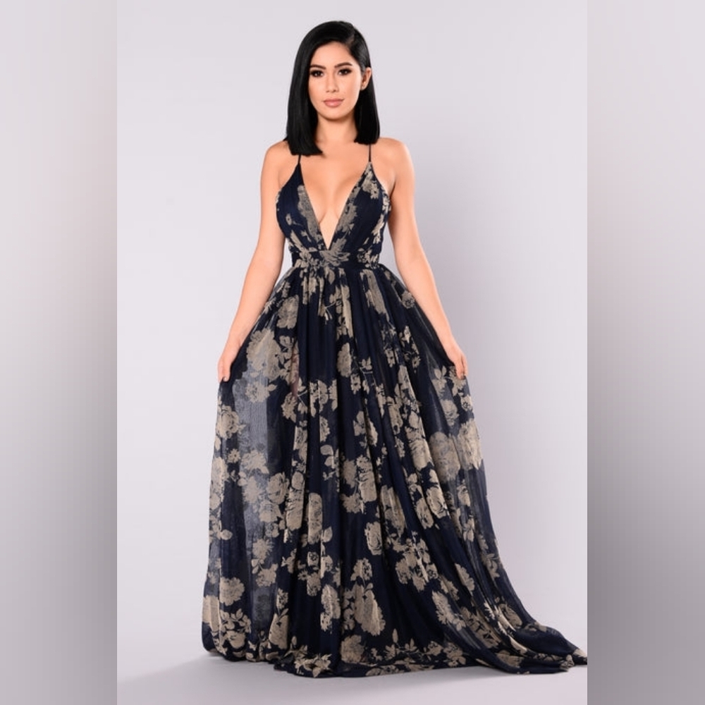 Fashion Nova Mesh Floral Dress - Navy
